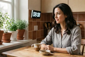 Femme remarquant l'heure miroir 08h08 sur une horloge murale dans une cuisine le matin