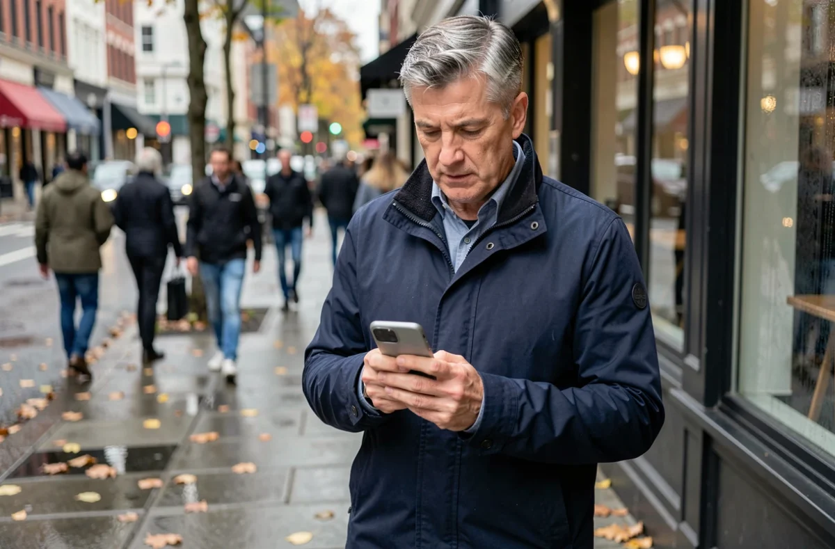 Homme consultant son téléphone affichant 08h08 dans une rue urbaine en automne