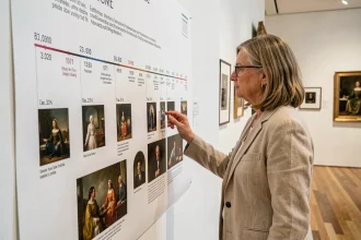 Historienne de l'art étudiant une frise chronologique des peintures célèbres dans un musée moderne