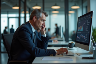 Homme d'affaires en costume regardant des graphiques