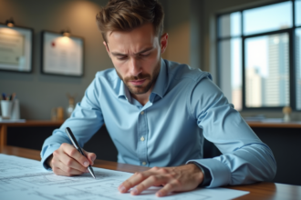 Homme d'affaires examinant des plans dans un bureau moderne
