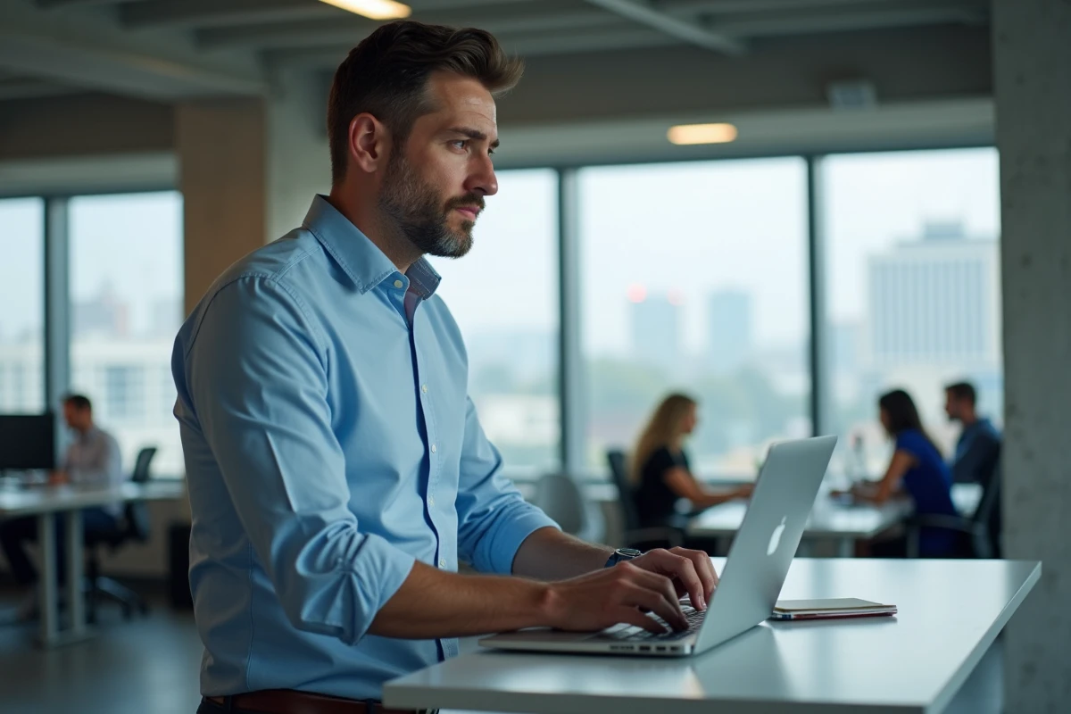 Homme en open space réfléchissant à la conjugaison correcte avant d'envoyer un email professionnel