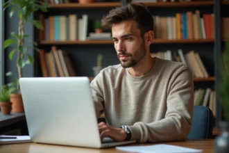 Homme assis à un bureau moderne avec ordinateur portable