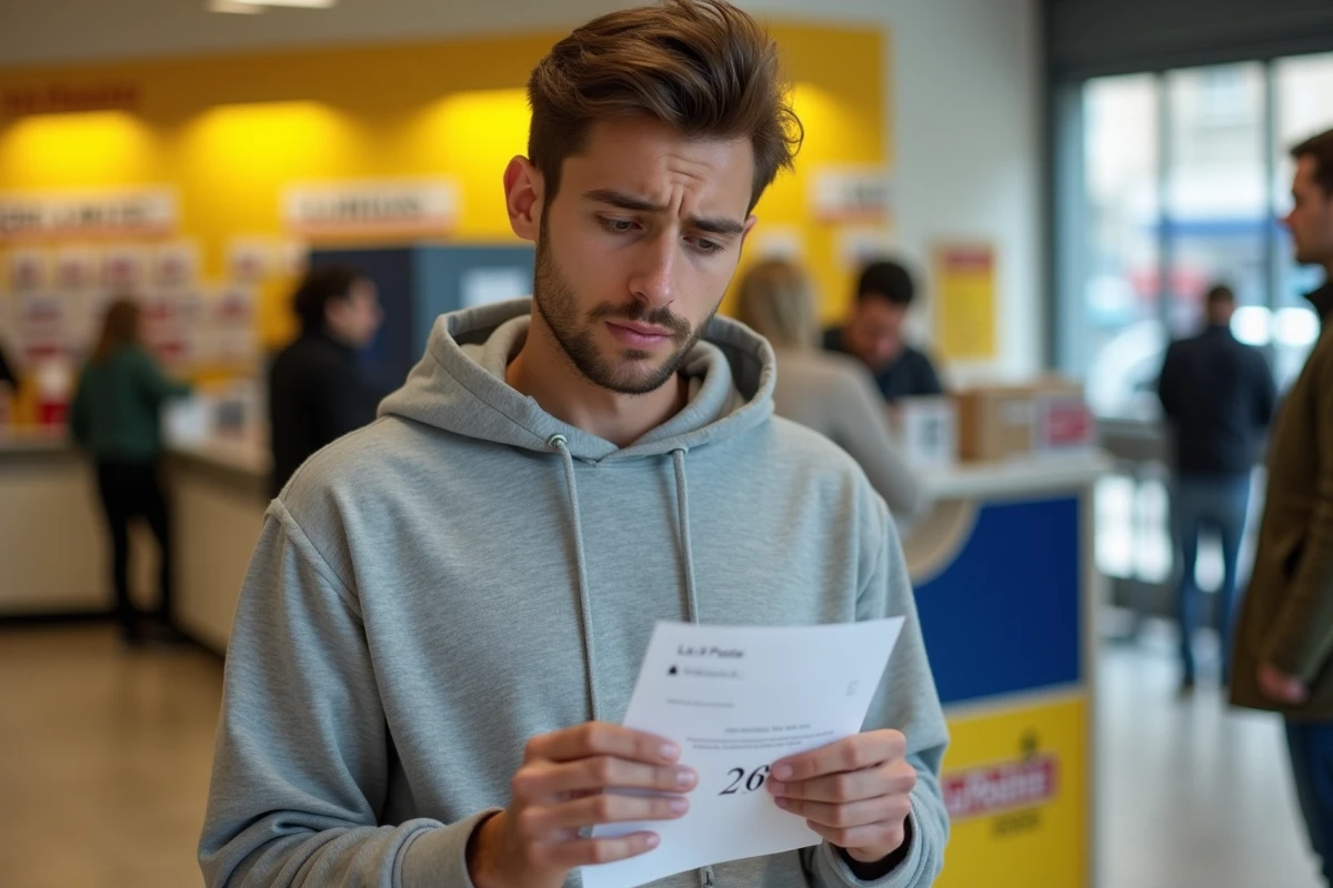 Homme consultant une étiquette d'adresse au guichet d'un bureau de poste en France