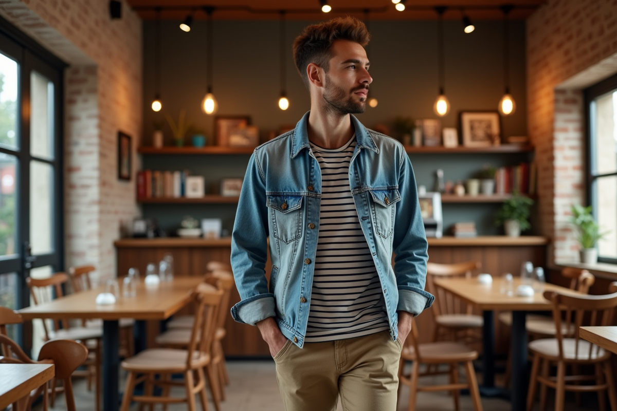Homme décontracté dans un café chaleureux et lumineux