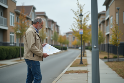 Homme d'âge moyen consulte une carte urbaine dans un quartier résidentiel