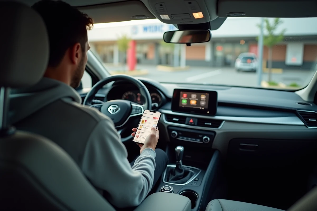 Homme commandant ses courses en ligne sur l'application Leclerc Drive depuis son véhicule