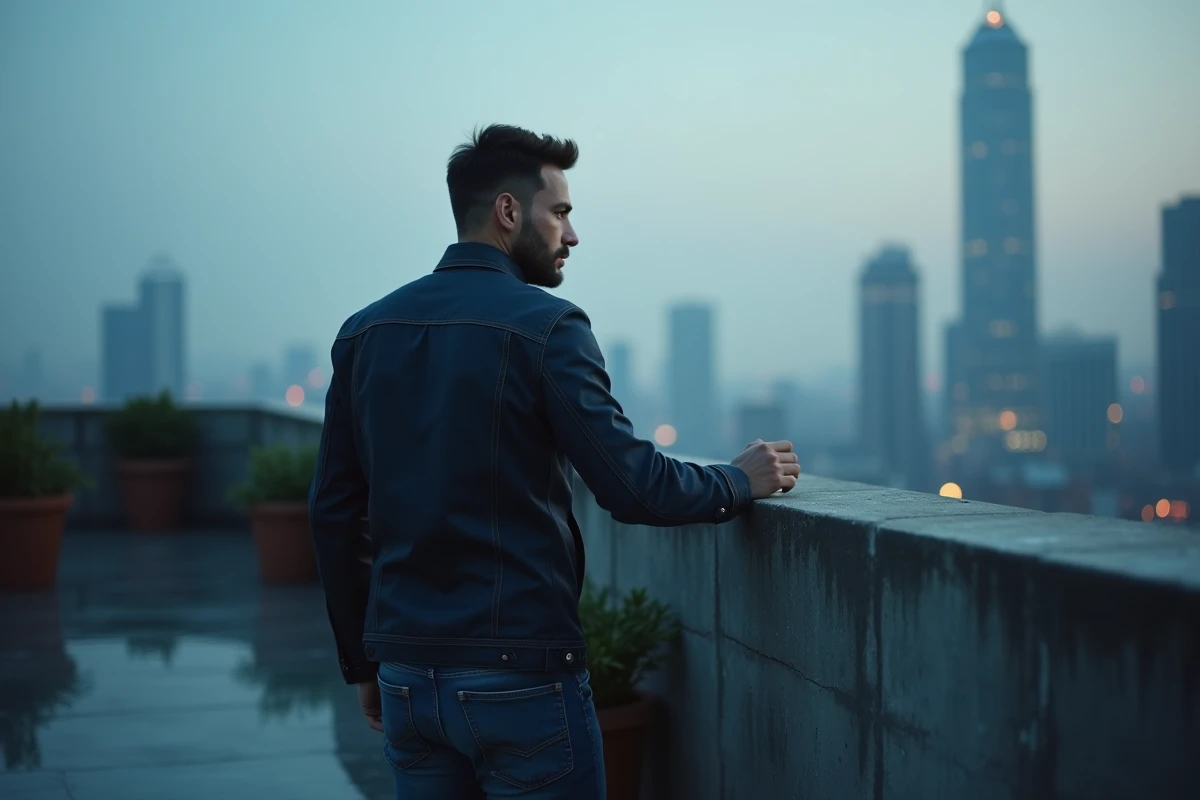 Homme contemplatif sur un toit urbain au crépuscule ressentant une connexion émotionnelle à distance