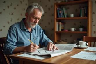 Homme d'âge moyen faisant une grille de mots croises dans sa cuisine
