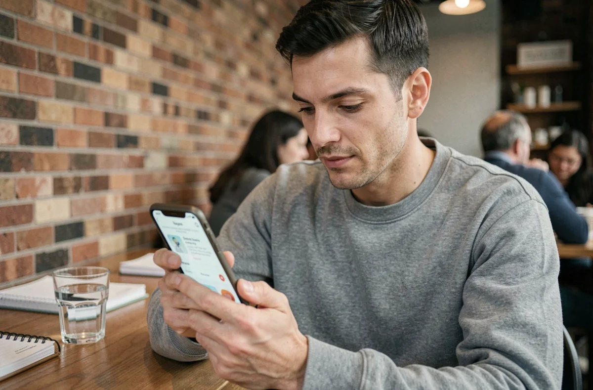 Homme consultant un guide pour débutants sur son smartphone dans un café moderne avec murs en briques