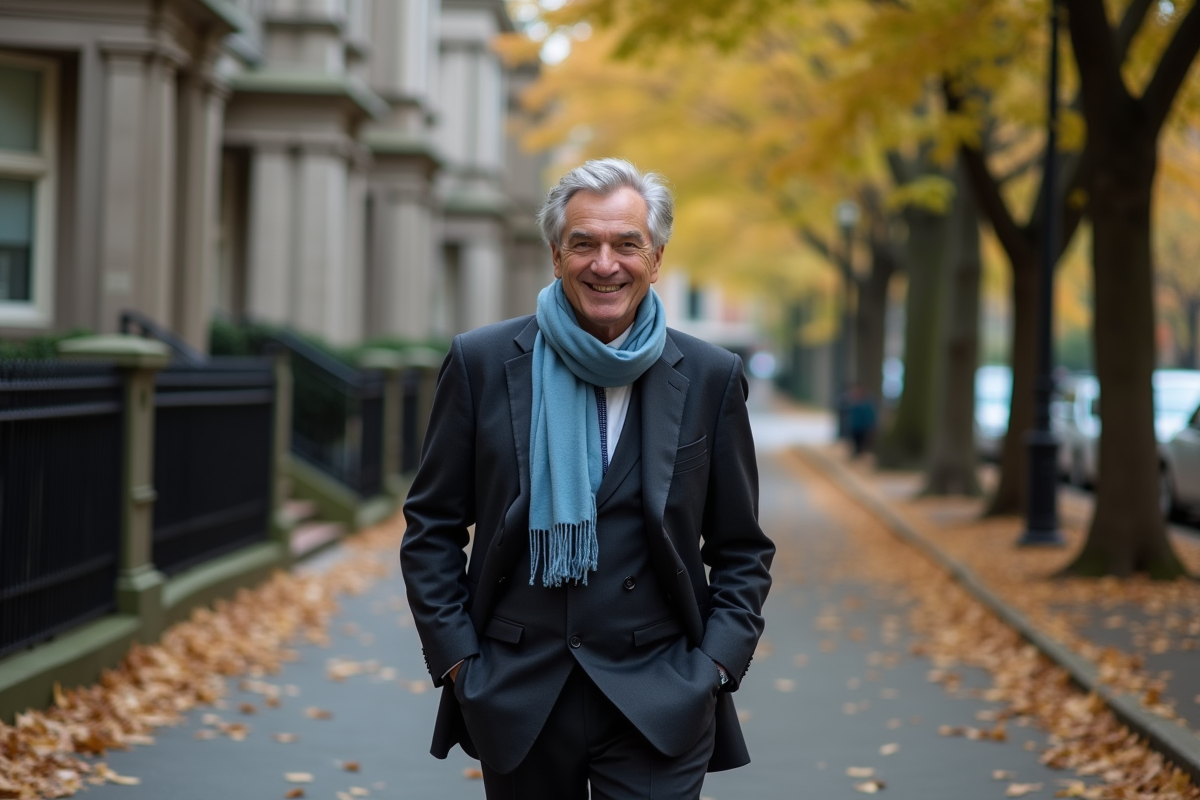 Homme distingué marchant dans une avenue arborée en ville