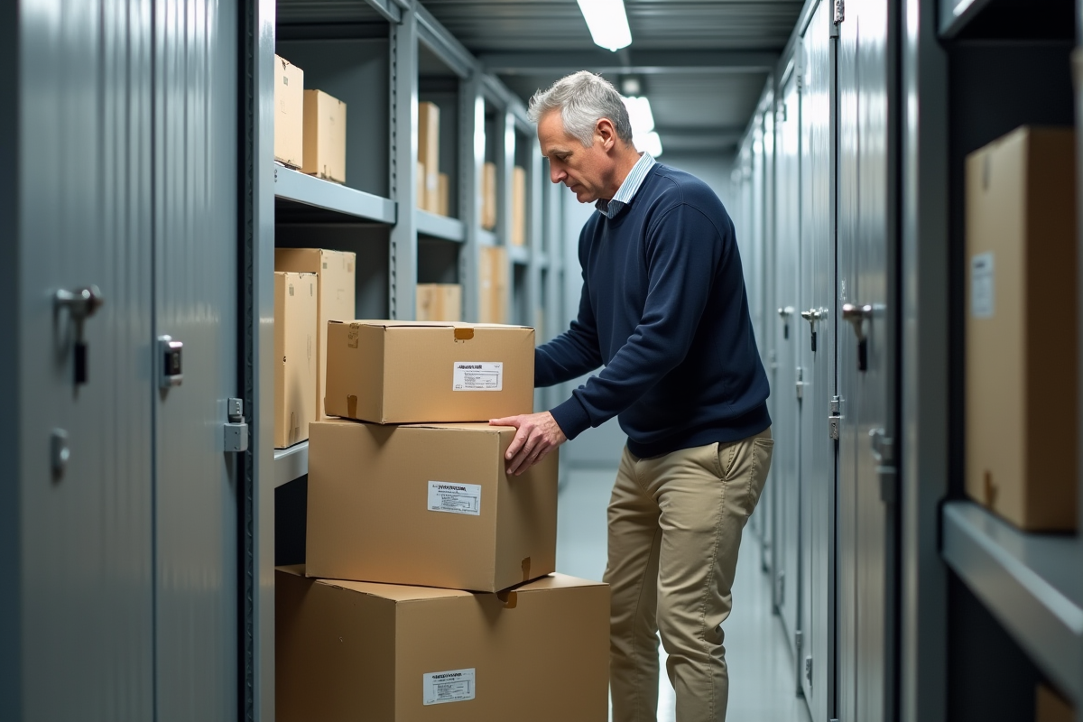 Homme emballant des cartons dans un espace de stockage intérieur