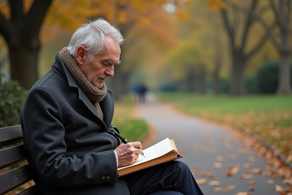 Homme écrivant un poème dans un parc d