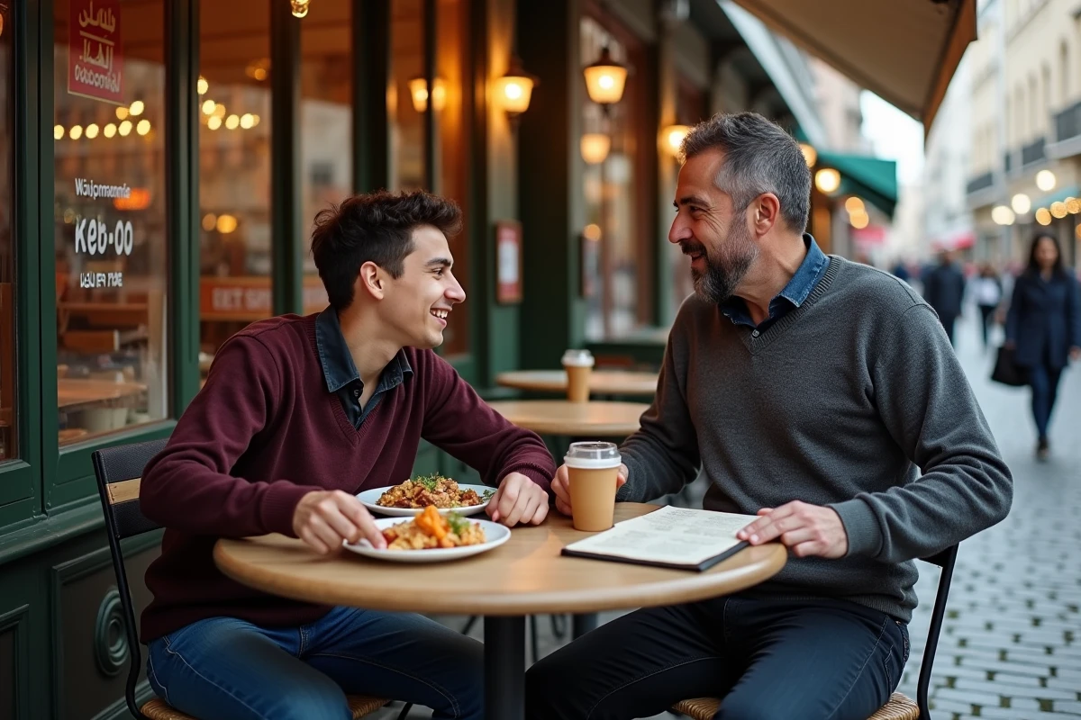Homme et adolescent partageant un repas devant un restaurant halal