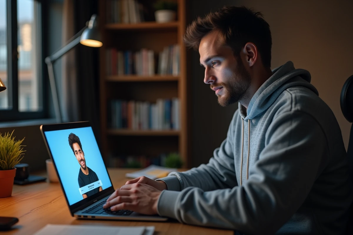Homme utilisant les filtres d'une application de rencontre trans sur ordinateur portable depuis son appartement