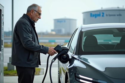 Homme d affaires à côté d une voiture à hydrogène moderne