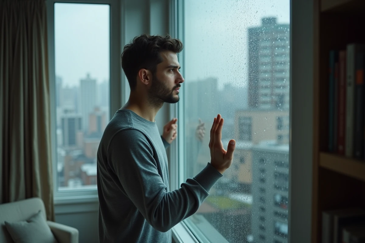 Homme hypersensible debout près d'une fenêtre sous la pluie, regard introspectif évoquant la protection émotionnelle face à l'amour non partagé