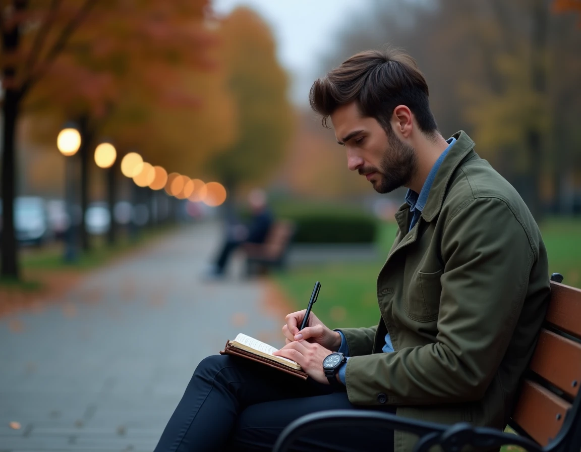 Homme écrivant dans un journal intime sur un banc de parc urbain au crépuscule avec une montre affichant 21h12, expression contemplative