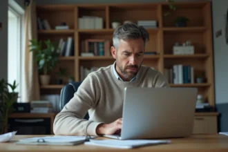 Homme d'âge moyen lisant un ordinateur portable à la maison