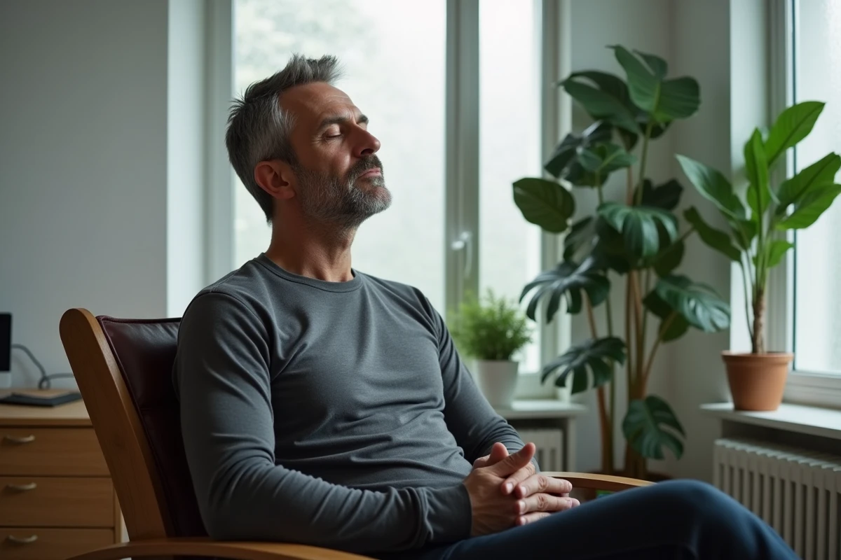 Homme aux yeux fermés en état de méditation profonde et de contemplation spirituelle, associé à la perception de lumières internes et aux chakras