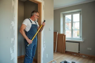 Homme en overalls mesurant une fenetre dans un appartement moderne