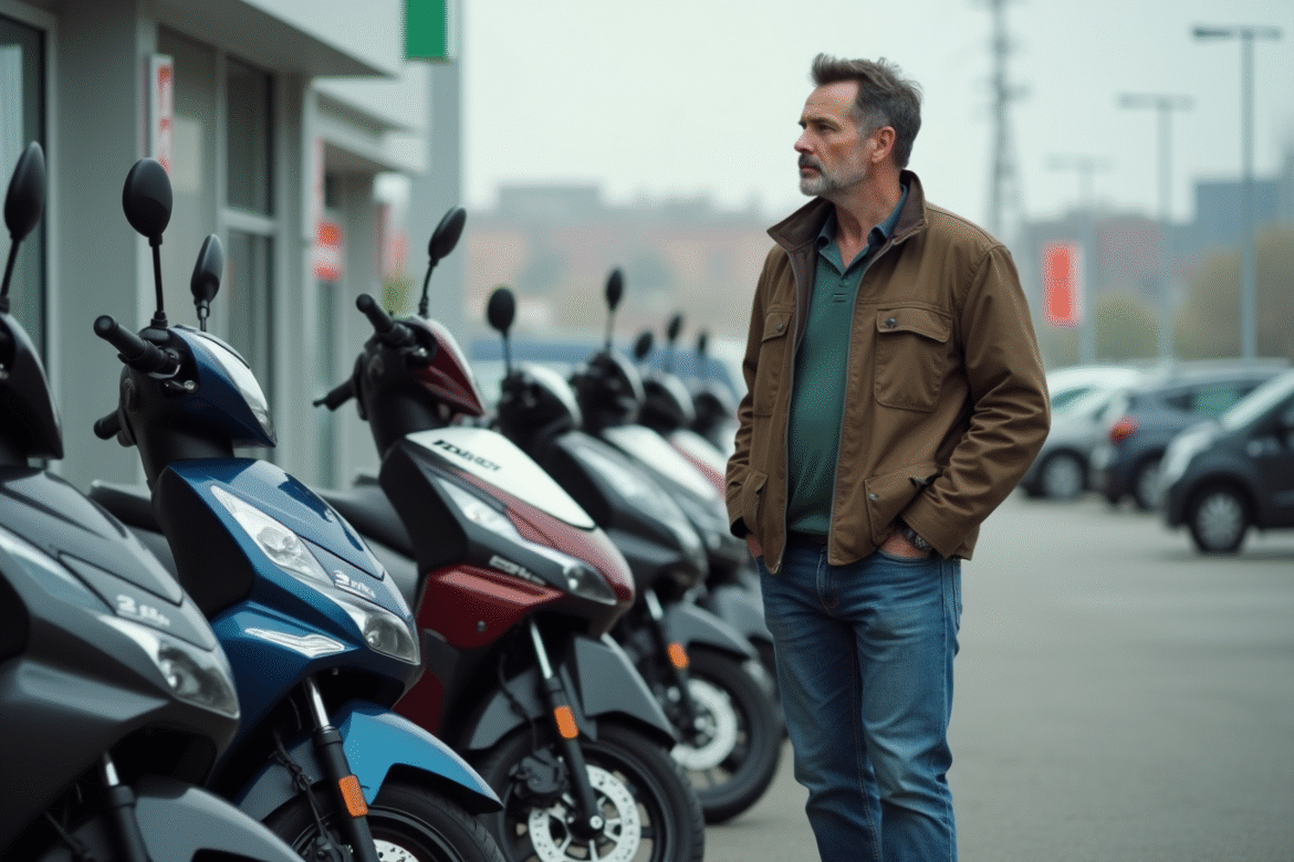Homme d'âge moyen devant motos 125cc en concession