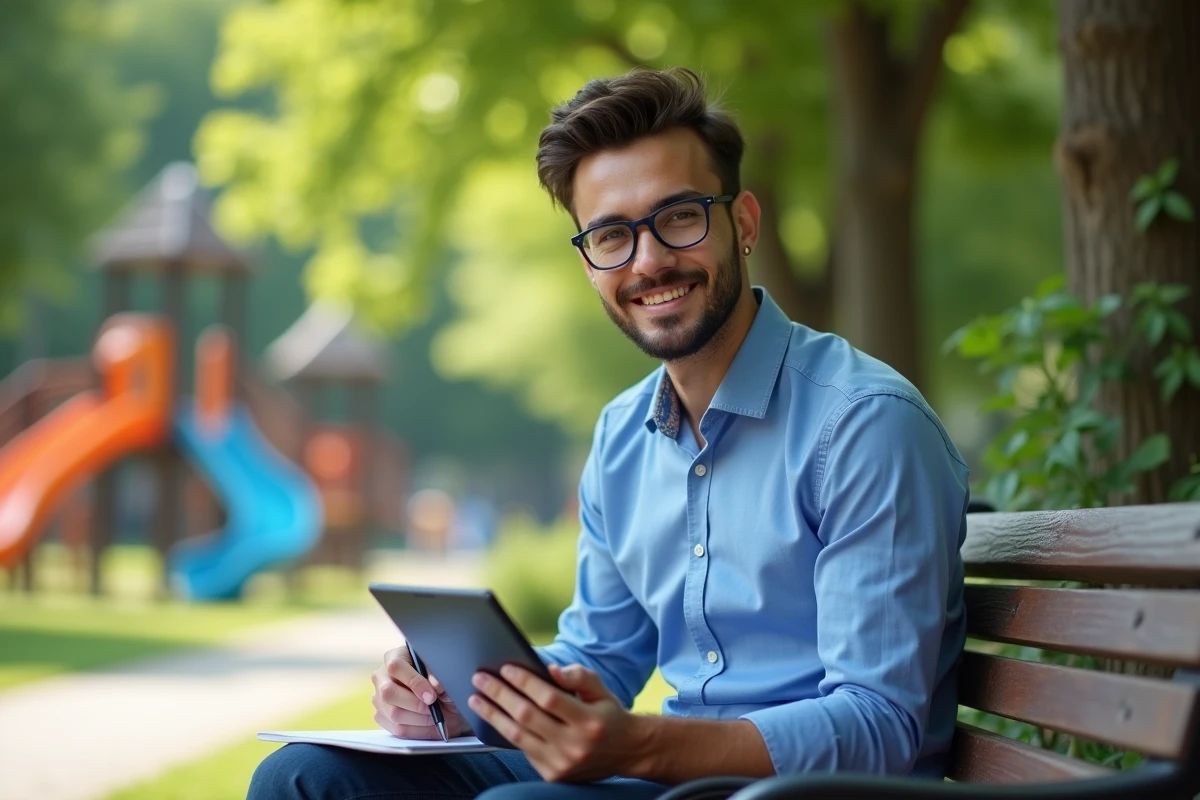 Homme prenant des notes en jouant à un jeu de mots en plein air
