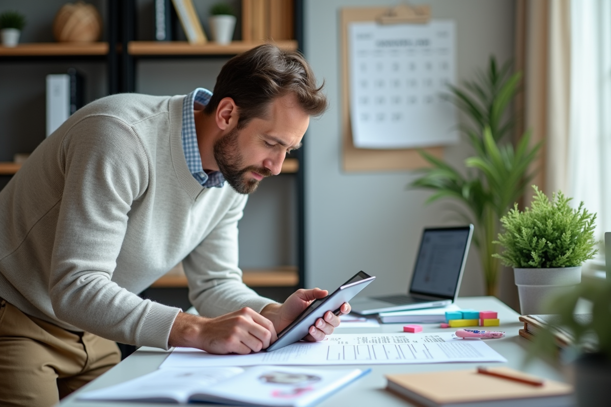 Homme organisant son planning digital dans un bureau lumineux
