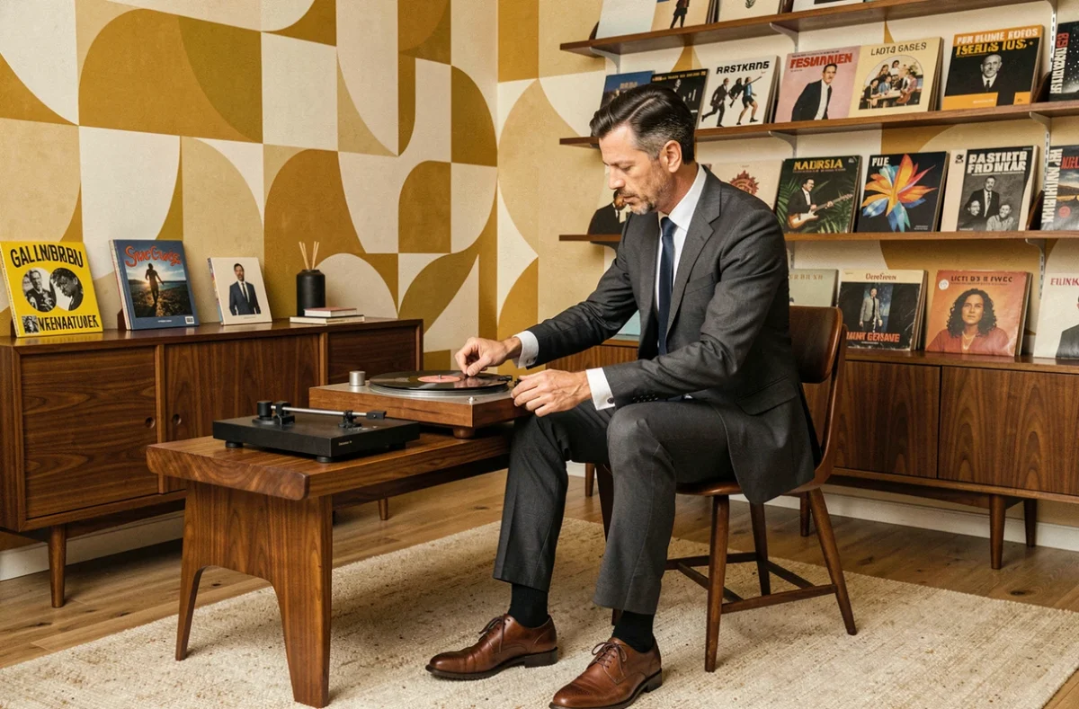 Homme élégant en costume années 60 posant un disque vinyle sur une platine dans un salon mid-century modern