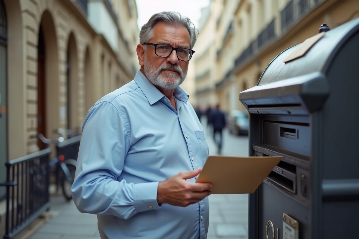 Homme déposant une lettre dans une boîte aux lettres parisienne