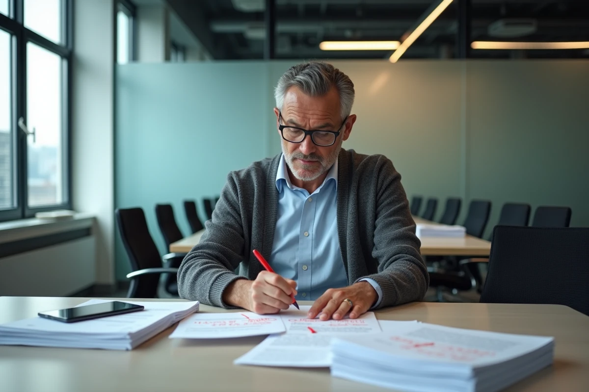 Homme en réunion relisant des brouillons de blog