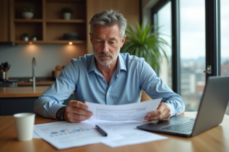 Homme d'âge moyen examine documents d'investissement SCPI