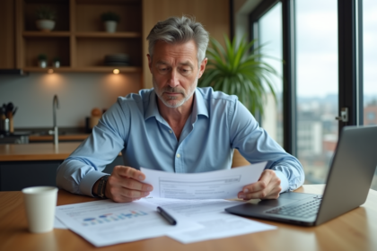 Homme d'âge moyen examine documents d'investissement SCPI
