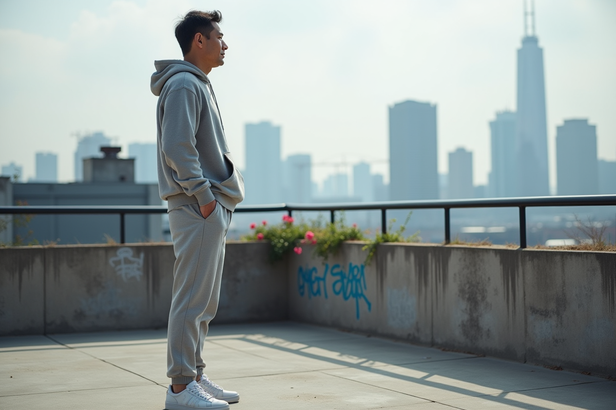 Homme asiatique en joggers sur un rooftop urbain