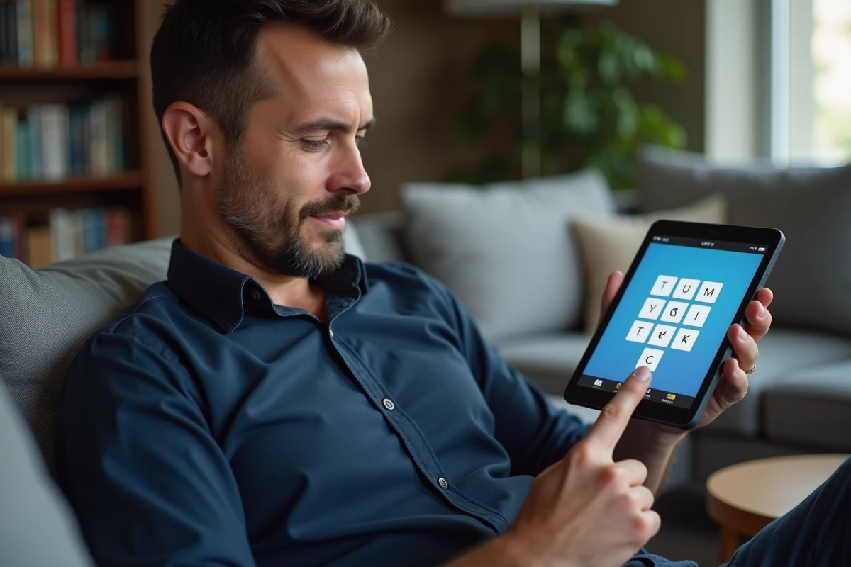 Homme souriant trouvant la solution d'un mot de 5 lettres sur une application 4 images 1 mot sur tablette