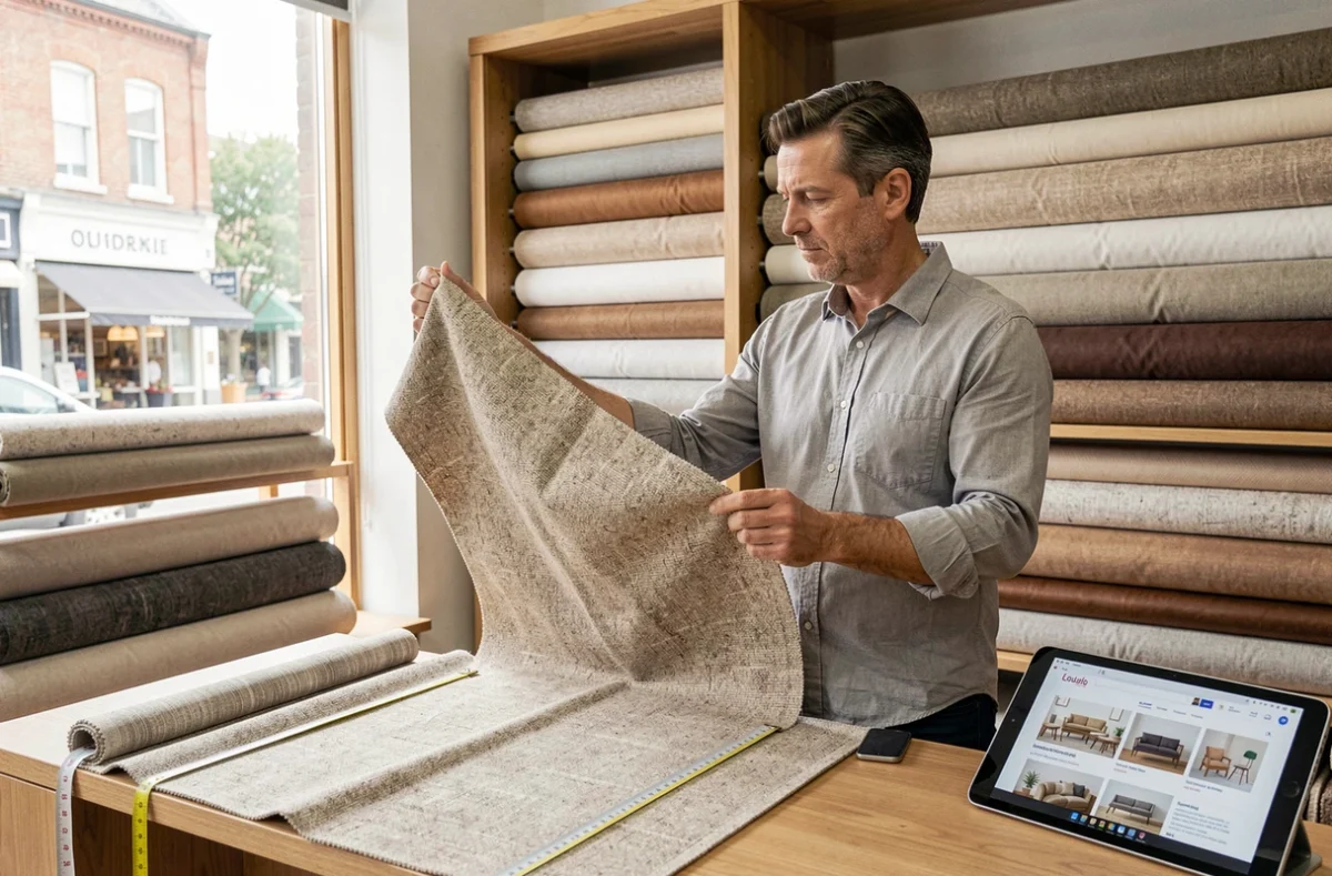 Homme examinant un échantillon de tissu louban dans une boutique de tissus avec une commande en ligne visible sur une tablette posée sur le comptoir