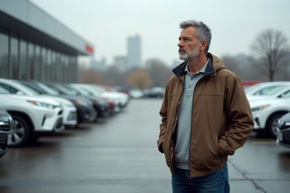 Homme pensif devant un lot de voitures neuves