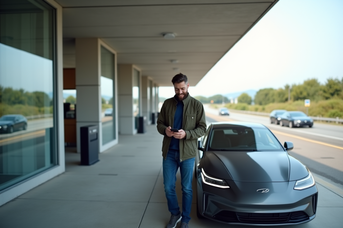 Homme souriant à côté d'une voiture hybride moderne sur l'autoroute
