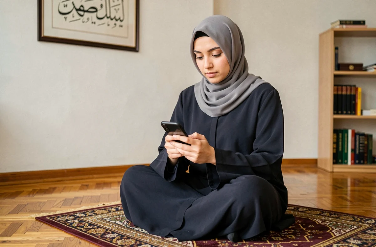 Femme musulmane consultant les horaires de prière sur son téléphone à domicile en France