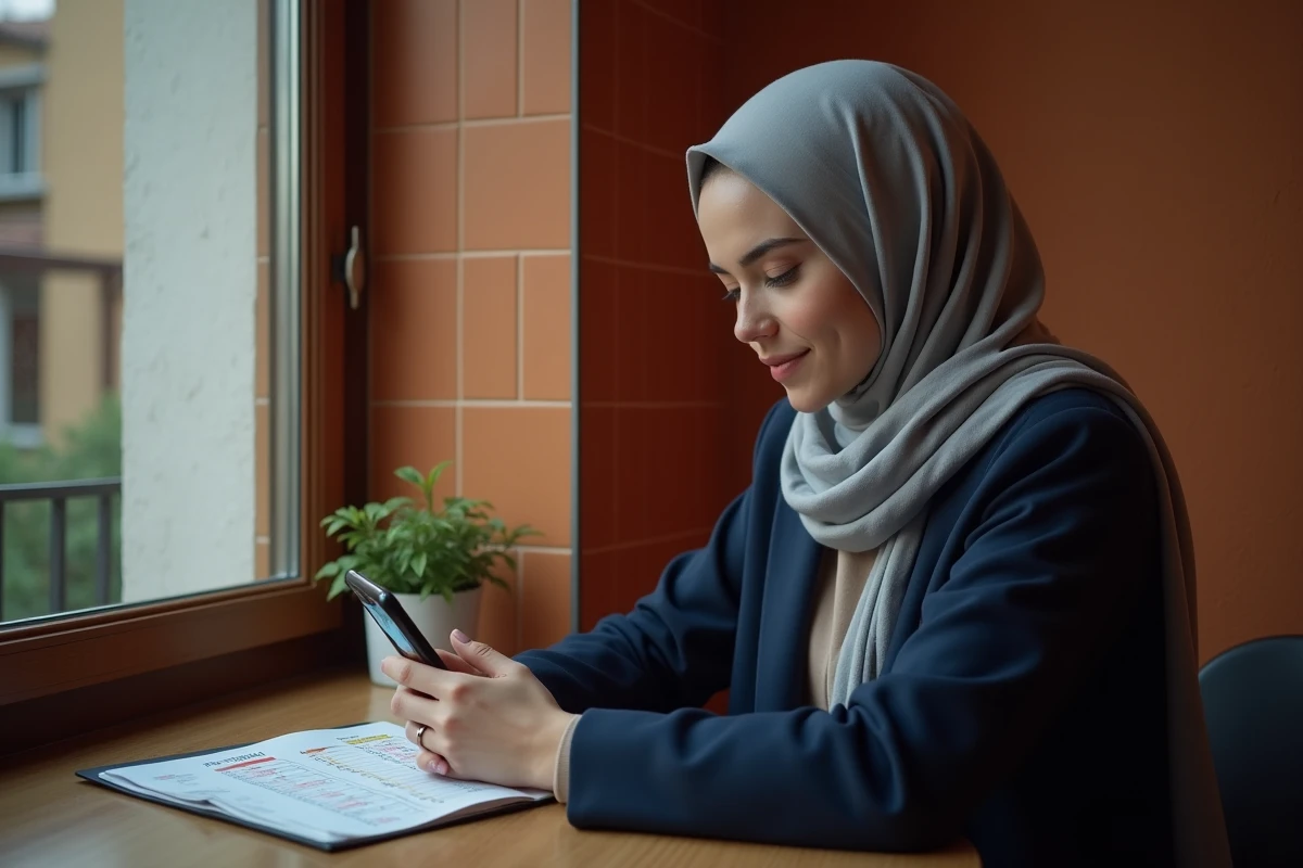 Femme musulmane consultant un calendrier de prière islamique à Toulouse pour les horaires al-fajr et al-icha 2026
