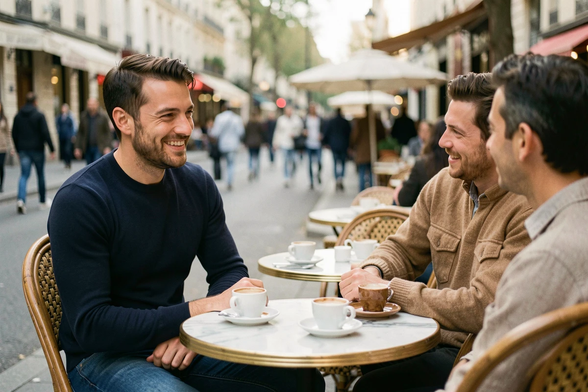Deux amis en terrasse de café, l'un répondant avec humour à une phrase de beauf
