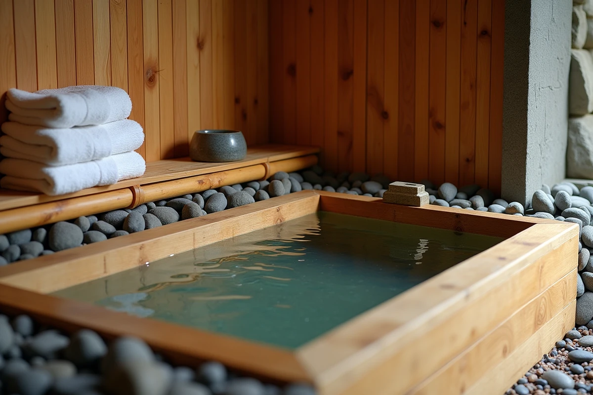 Intérieur détaillé d'un bain onsen japonais en bois hinoki avec baignoire minérale et accessoires traditionnels de bain