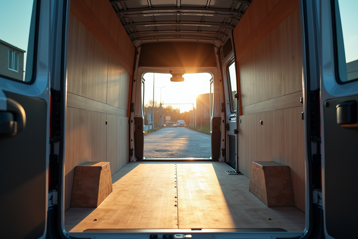 Intérieur du Peugeot Boxer avec portes arrière ouvertes et espace de chargement