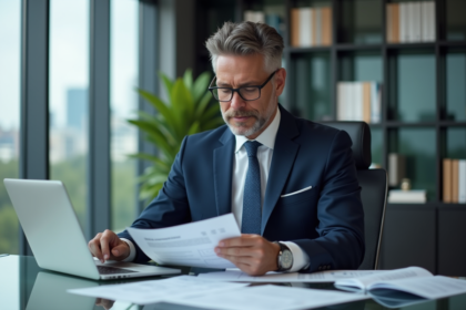 Homme d'affaires en costume bleu dans un bureau moderne