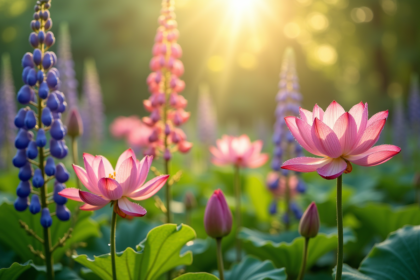 Jardin botanique au matin avec lys lupins et lotus