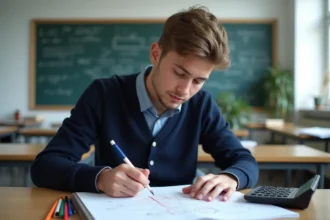 Jeune étudiant en physique dessinant un diagramme d'electricite