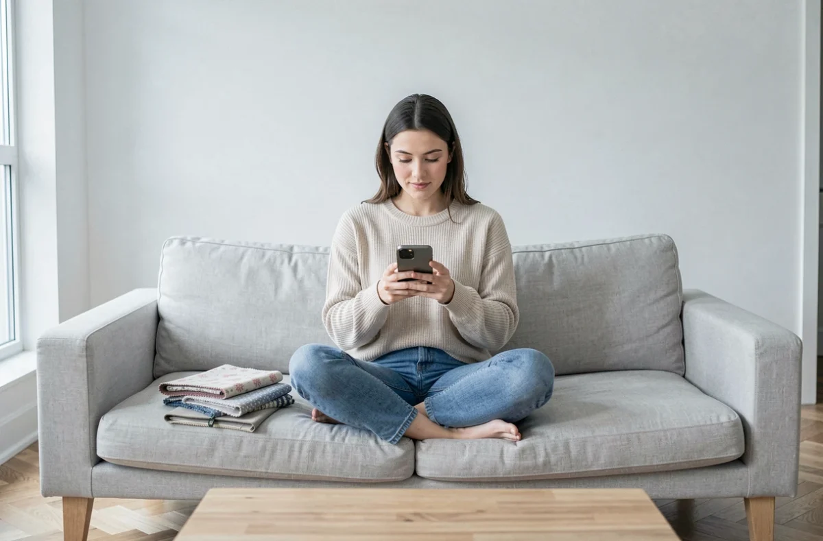 Jeune femme lisant des avis clients sur une application mobile pour choisir du tissu louban, entourée d'échantillons de tissu sur un canapé scandinave