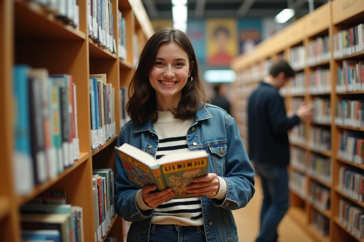Jeune femme souriante parcourant manga dans une bibliothèque