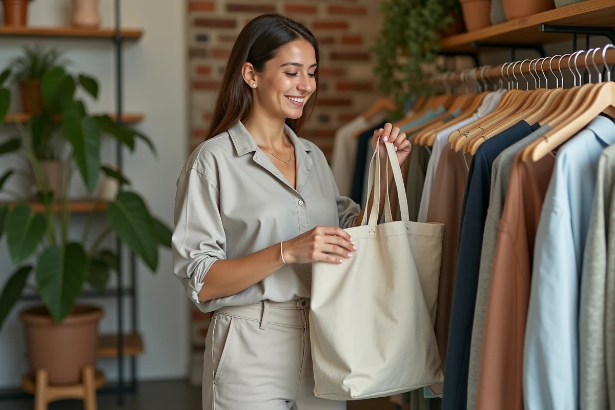 Jeune femme dans une boutique écologique examine des vêtements durables