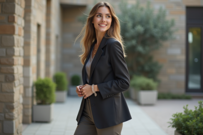 Jeune femme élégante en blazer dans un décor urbain moderne